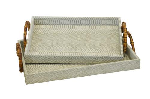 Tru Outdoor Luxury Shagreen Serving Tray Rectangular with Bamboo Handle Set of 2 (Colour Cream Snake Skin) product_description Serving Trays.